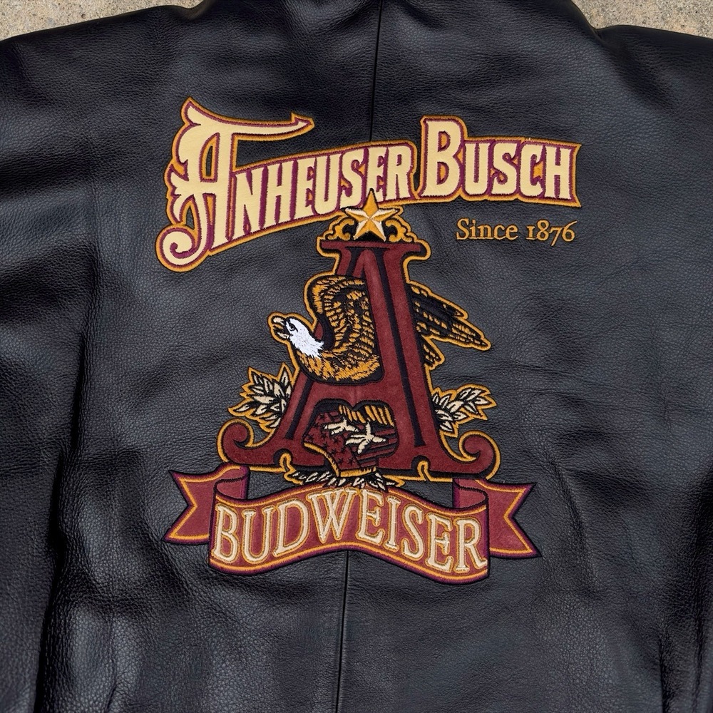 VTG Excelled Anheuser Busch Budweiser Leather Bomber Jacket Embroidered Men's L - Picture 16 of 16